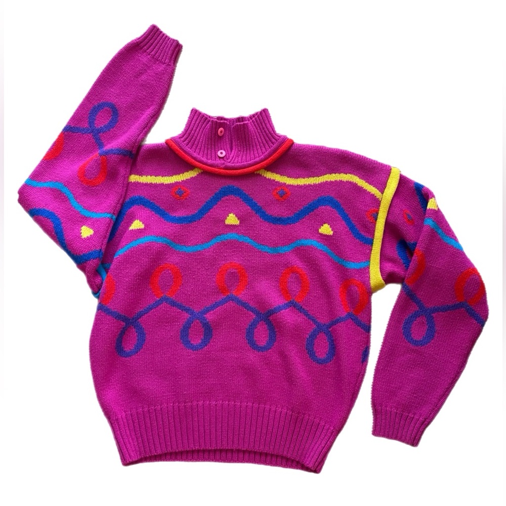 Vintage Lisa Says Gah Style Wool Blend Fusia Pink Memphis Style Sweater Medium